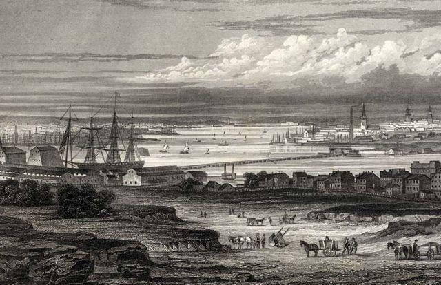 "Navy Yard at left with Manhattan beyond; Whitmanâs working-class neighborhood at right."